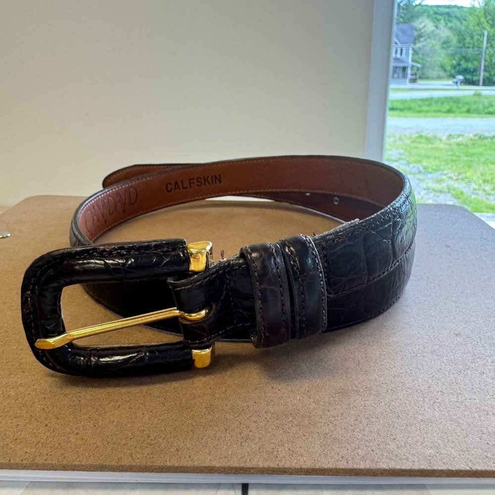 Joan & David Brown Croc Embossed Calfskin Leather Belt Size M Gold Buckle USA